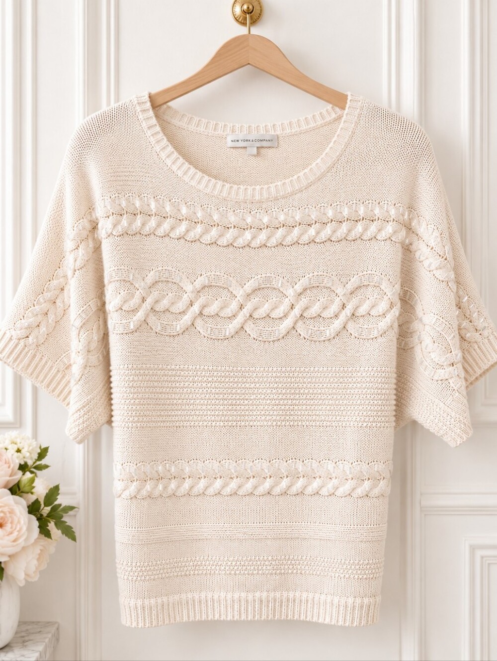 New York & Company Ivory Embellished Textured Knit Sweater | Size XS - Picture 5 of 9